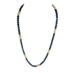 Vintage Blue Polished Stone Necklace with Faux Pearls, 30" Long